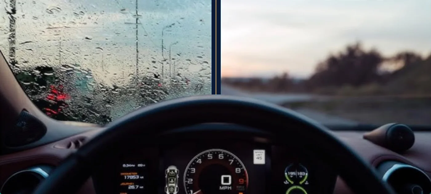 Driver view through a windshield: rain-covered before, clear after